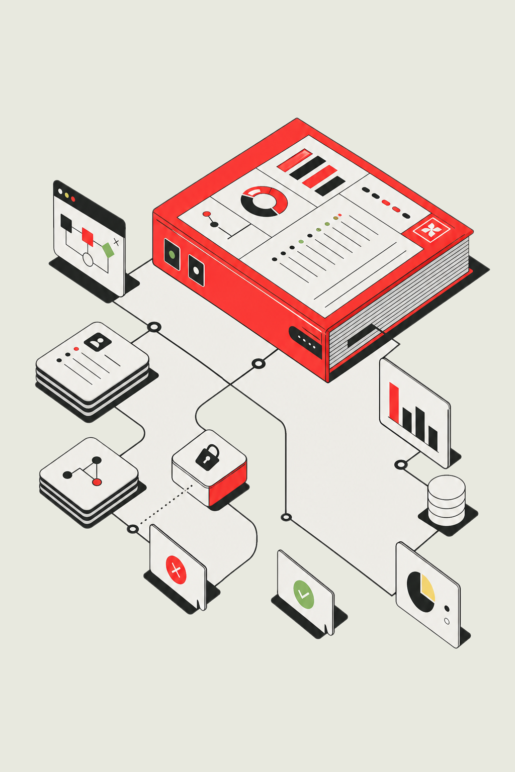 Illustration of an autonomous enterprise workflow system with approval gates and business data cards.