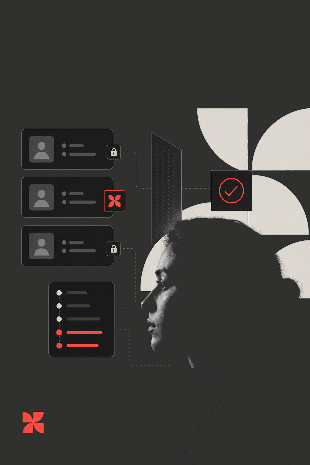 Dark editorial image showing secure AI employee cards, approval indicators, and human oversight.